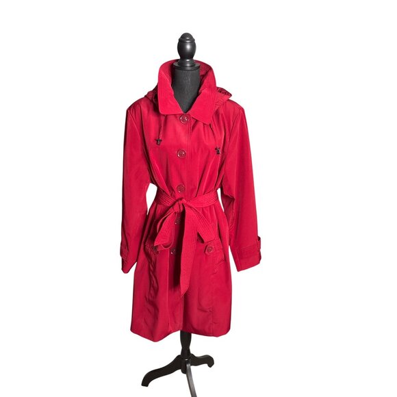 Maggie Barnes For Catherines Candy Apple Red Hooded Trench Coat Size 1X - Picture 1 of 14